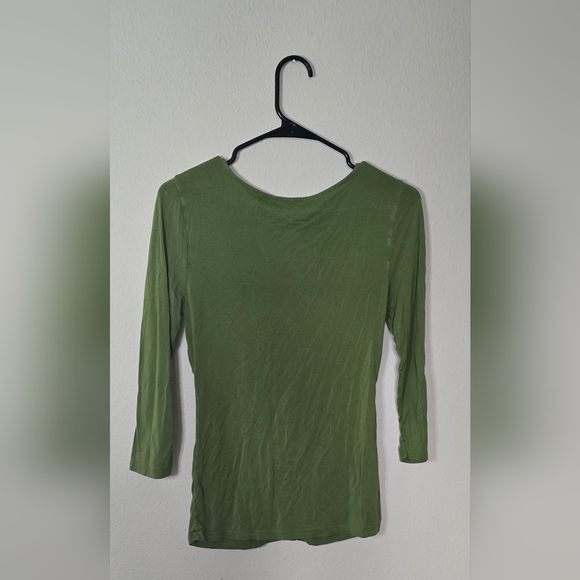 Ann Taylor Olive Green Ruched V-Neck 3/4 Sleeve Stretch Workwear Casual Top XS - Picture 2 of 4